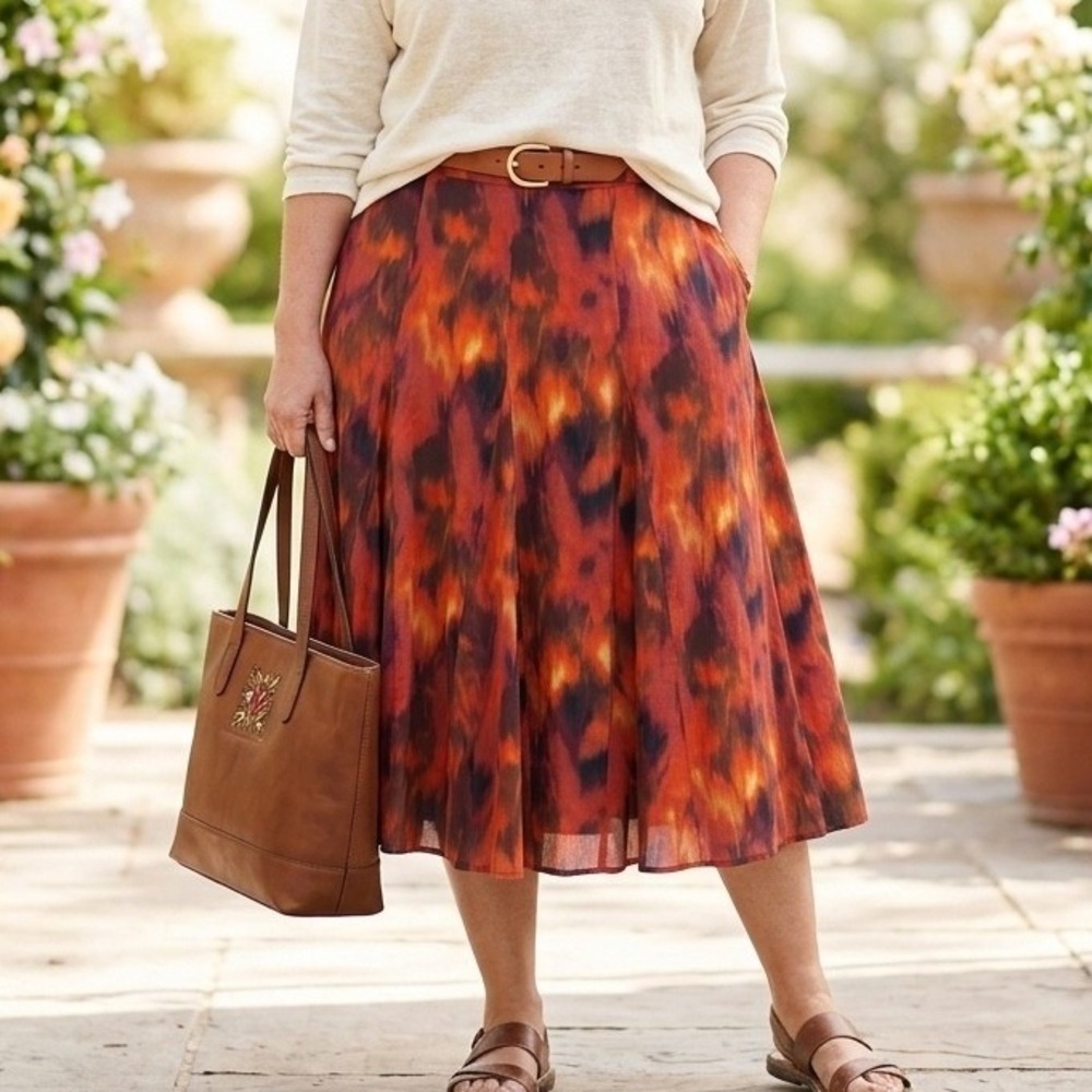 Coldwater Creek Red Abstract Watercolor Cotton Knee Length Skirt Plus 18/20